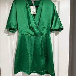 Green Satin Wrap Dress